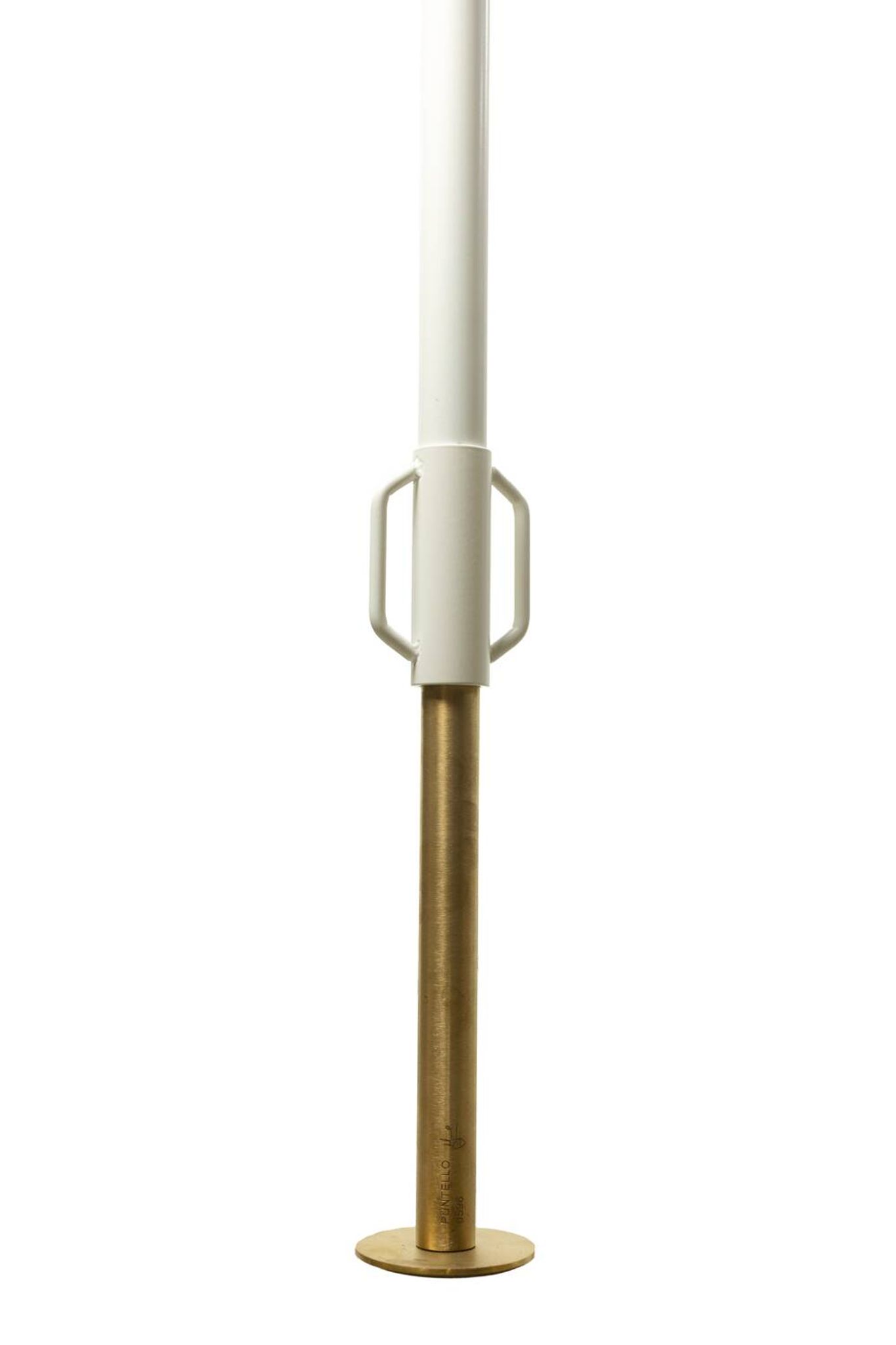 Coat rack from floor to ceiling in lacquered metal and brass. Contemporary.