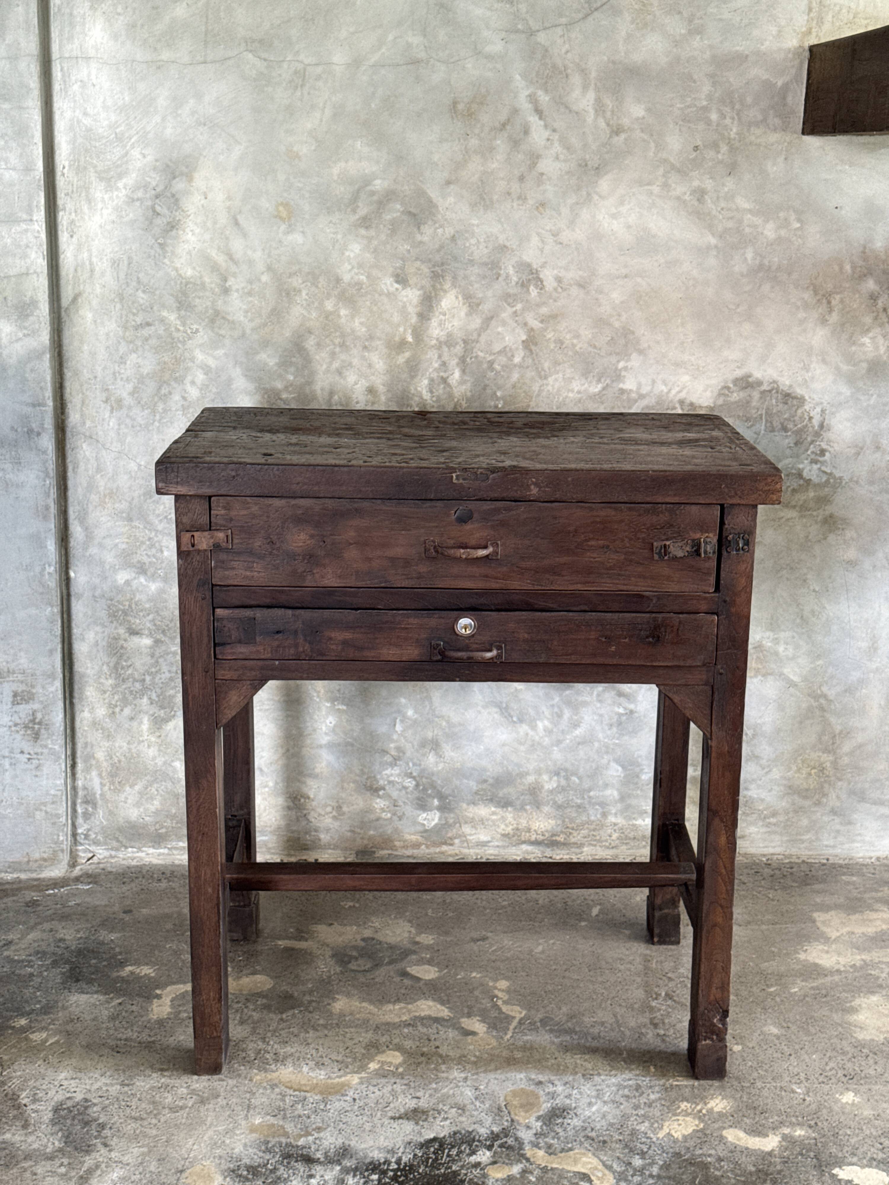 Antique Indonesian teak workbench with two drawers and stretcher H89.