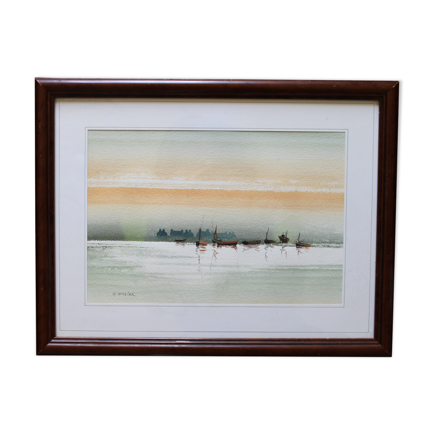 Watercolor "Au fil de l'eau" (boat on the sea) signed Cambier