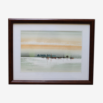 Watercolor "Au fil de l'eau" (boat on the sea) signed Cambier