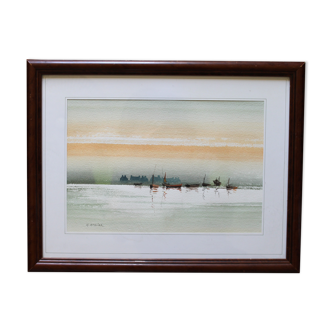 Watercolor "Au fil de l'eau" (boat on the sea) signed Cambier