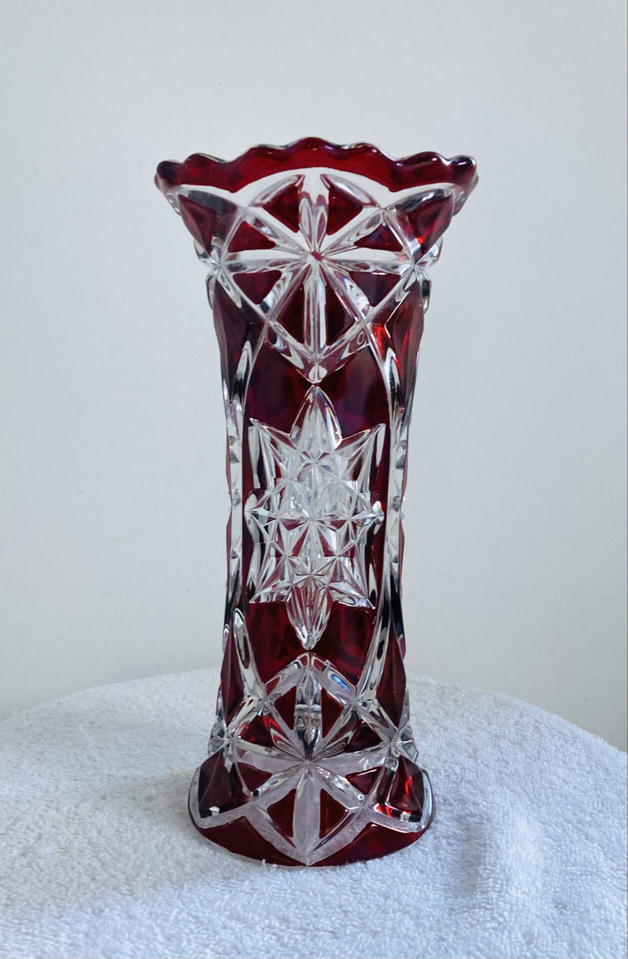 Antique bohemian crystal vase from the mid-20th century in bacara style.