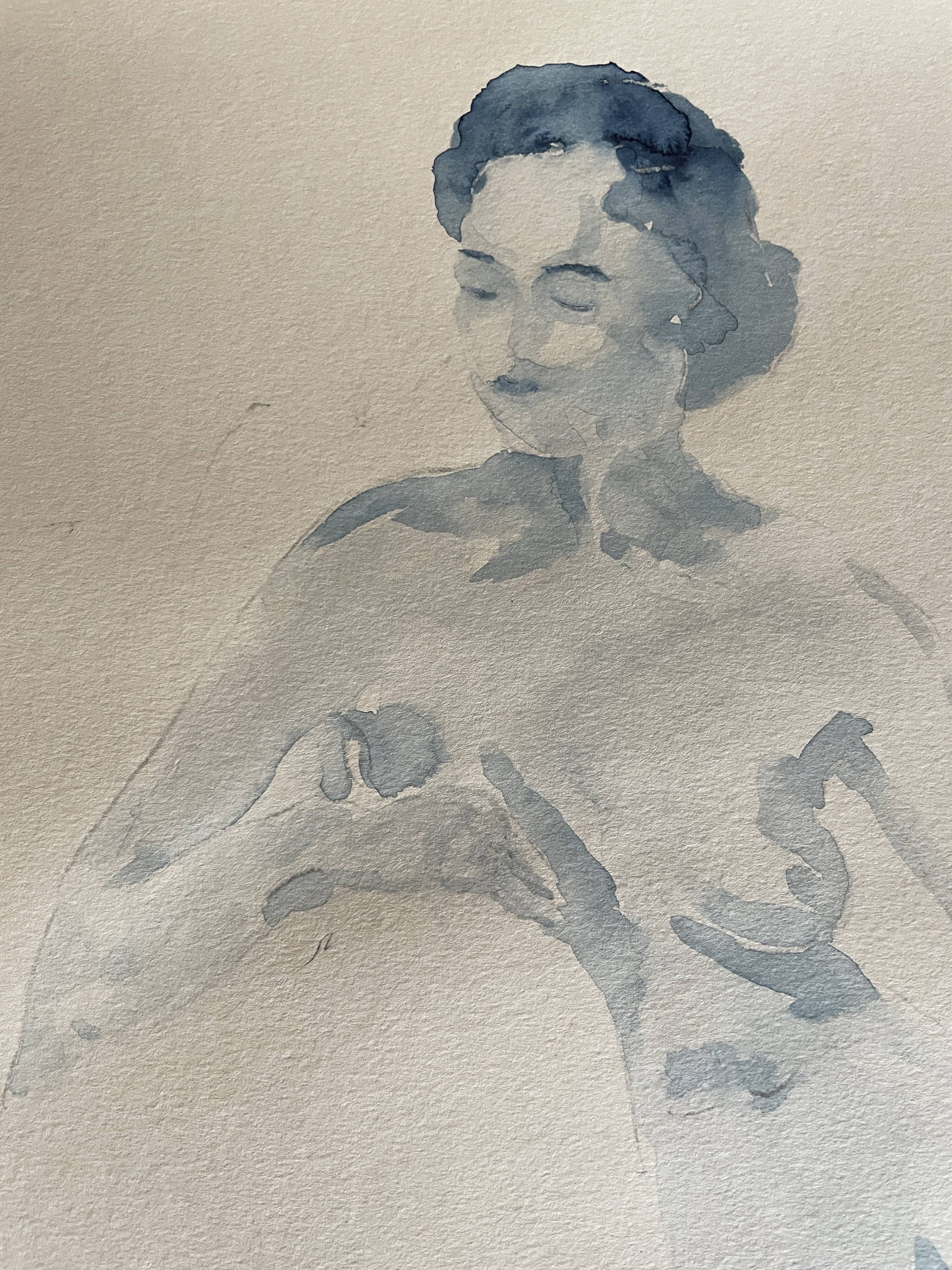 Painting signed monochrome blue black watercolor “seated woman”