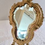 Small vintage 19th century mirror or hand mirror, bronze, beveled glass, baroque, rococo style.