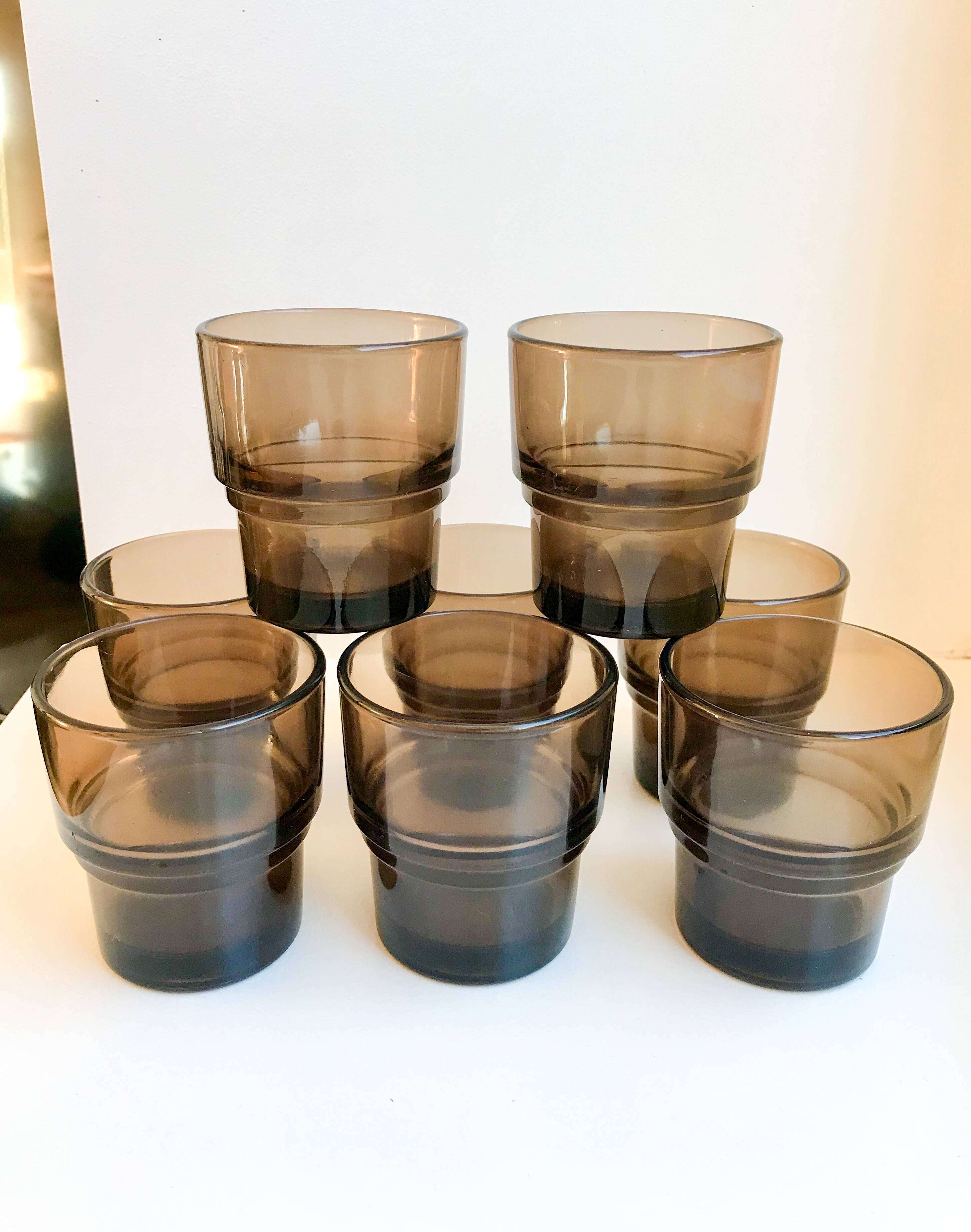 set of 8 Vereco smoked glass glasses Made in France 1970s