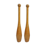 Paire massues de gymnastique en bois vintage 1950's