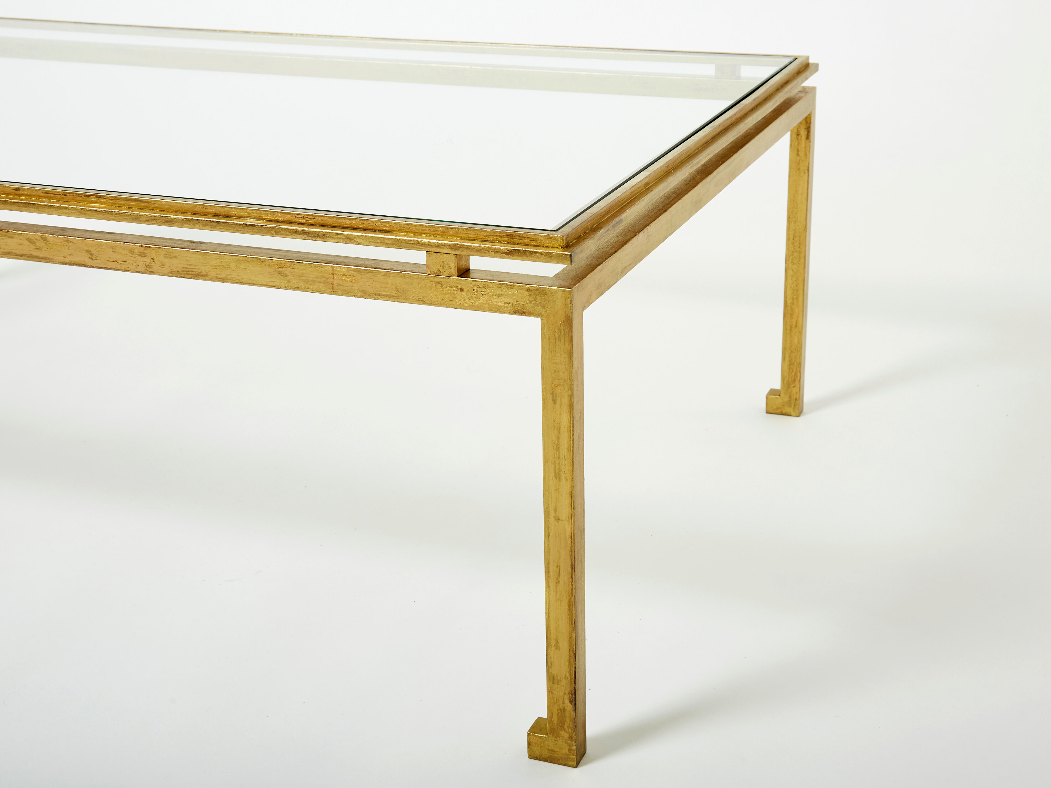 Coffee table beaten iron gilded glass Maison Ramsay 1950