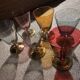 6 iridescent colored crystal liqueur glasses with gold stems / art-deco