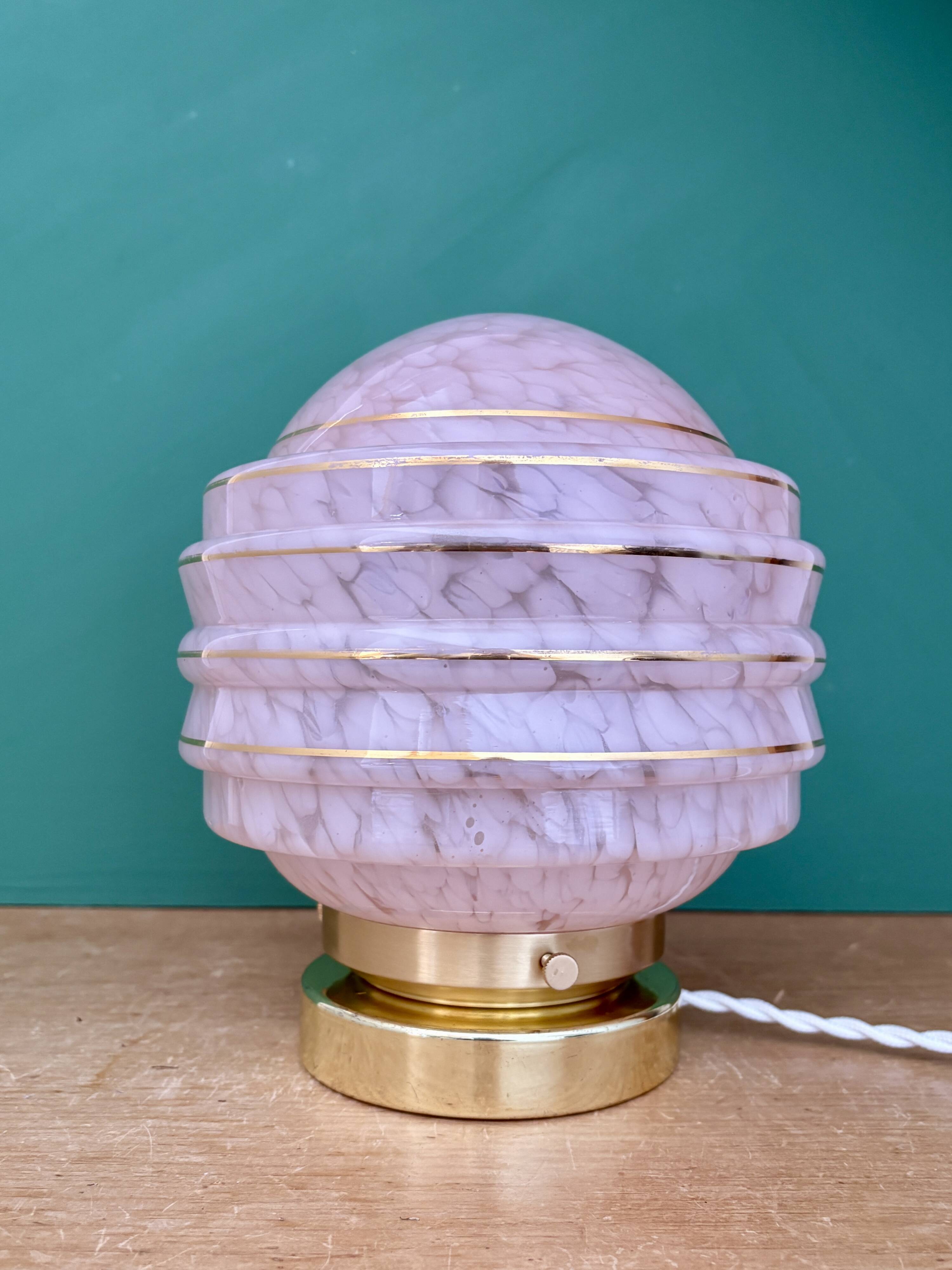 Vintage art deco globe table lamp in pink and gold Clichy glass