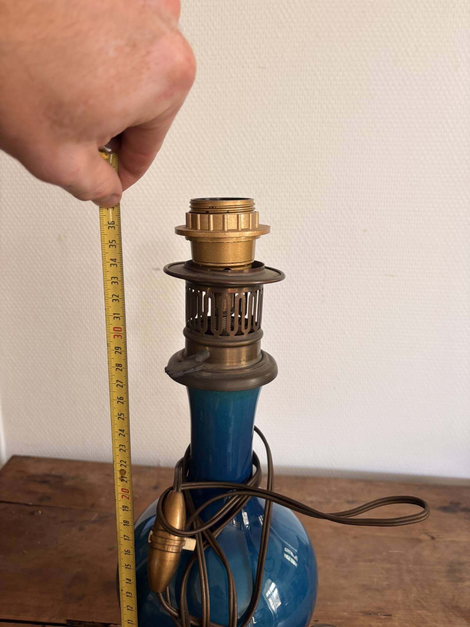 Blue Enamelled Ceramic Lamp Base Brass Vintage Oil Lamp Style