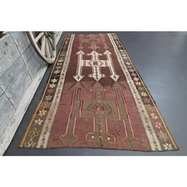 Vintage Turkish Oushak handmade wool cotton brown runner rug 168x395