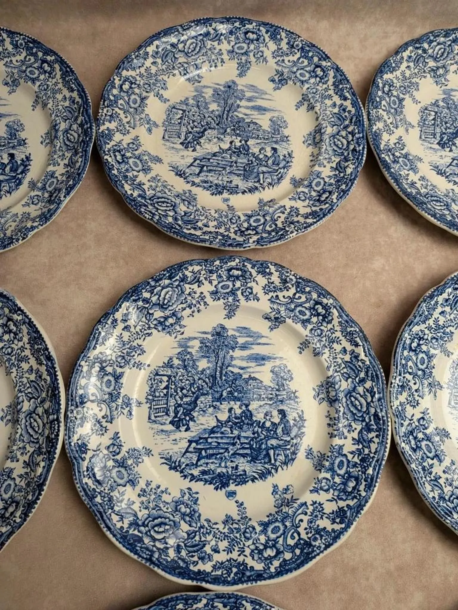 Set of 12 flat plates Terre de fer BP – Blue toile de Jouy pattern