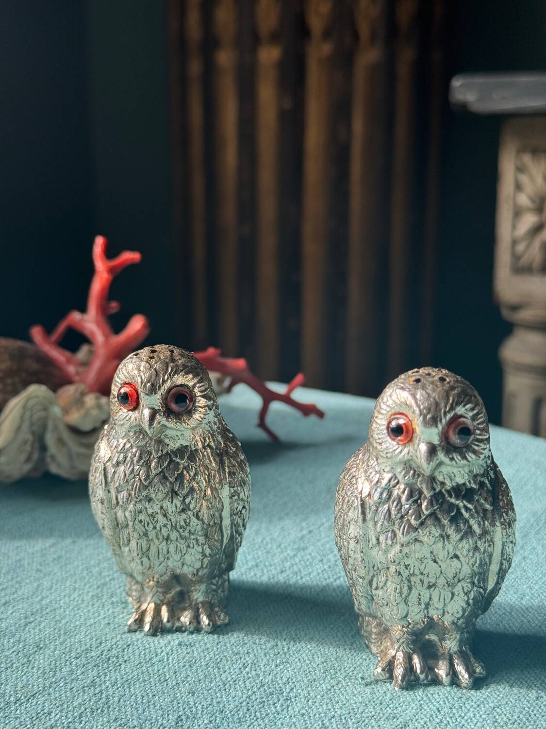 Vintage silver-plated owl-shaped salt and pepper shakers