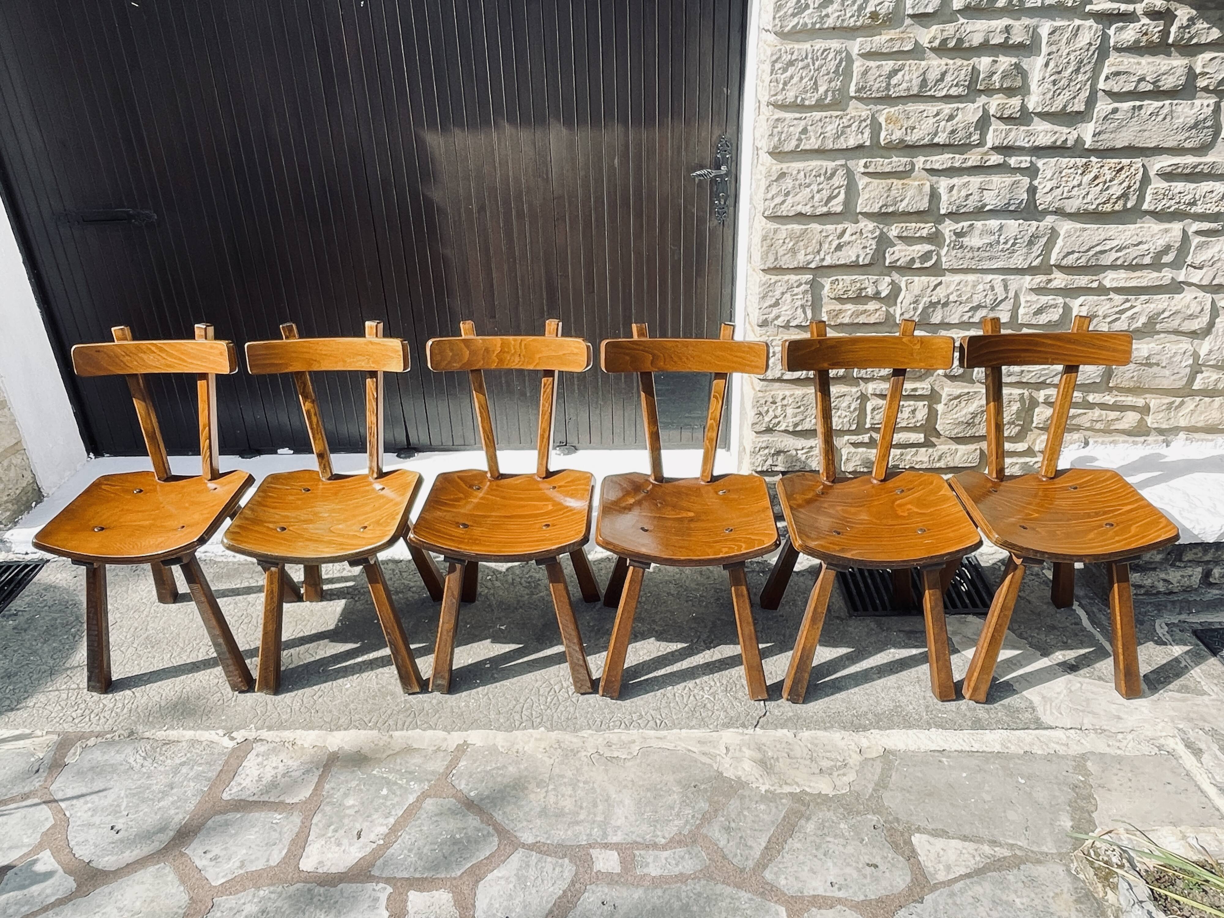 Set of 6 vintage chairs "Brutalist" in elm, 1950