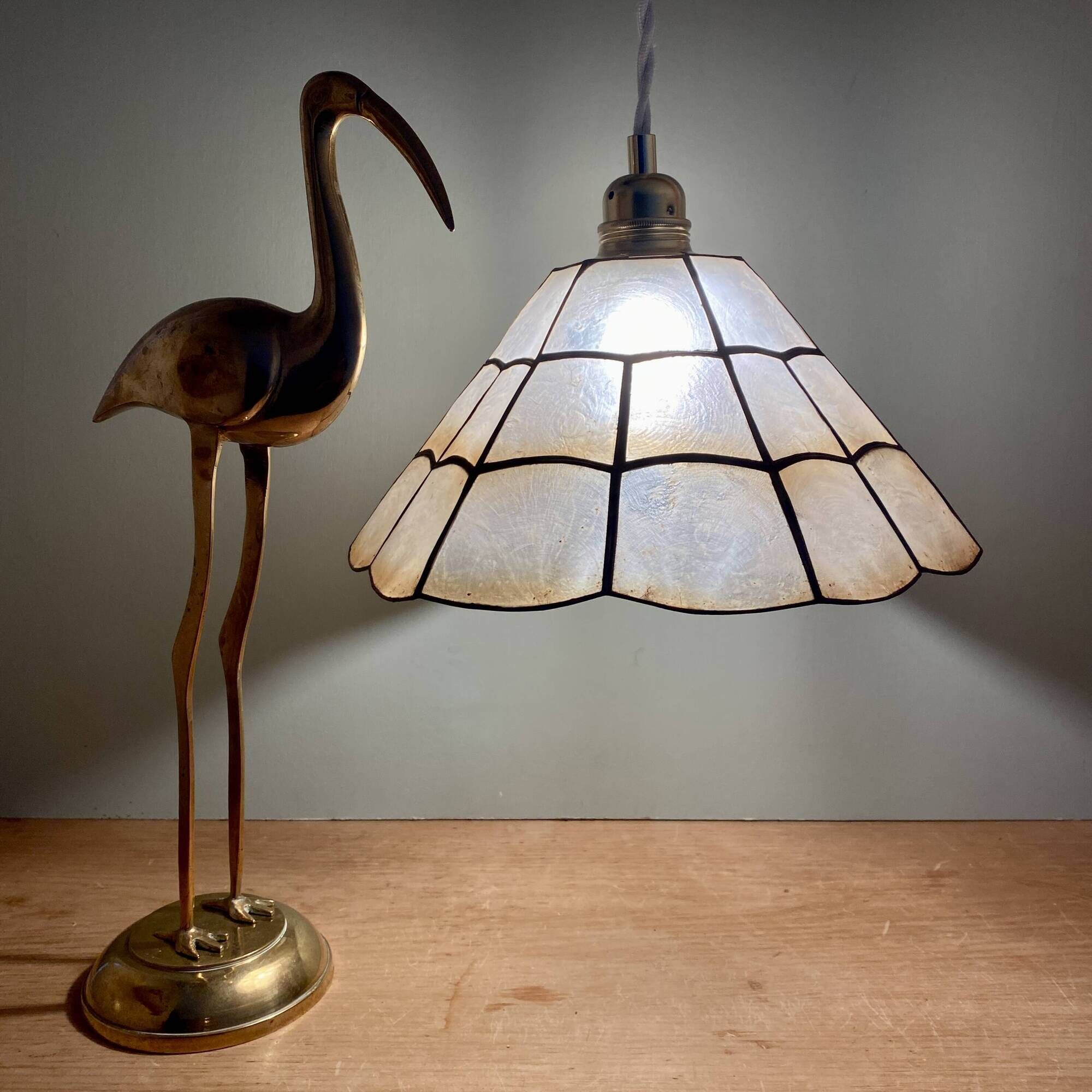 Vintage mother-of-pearl and brass lampshade pendant light