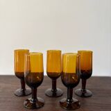 Set of 5 vintage 70s amber stemmed wine glasses