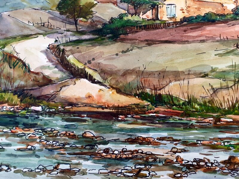 André Duculty (1912-1990) Watercolor on paper "Landscape of Vabres l'Abbaye (Aveyron)" Signed below