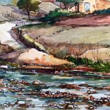 André Duculty (1912-1990) Watercolor on paper "Landscape of Vabres l'Abbaye (Aveyron)" Signed below