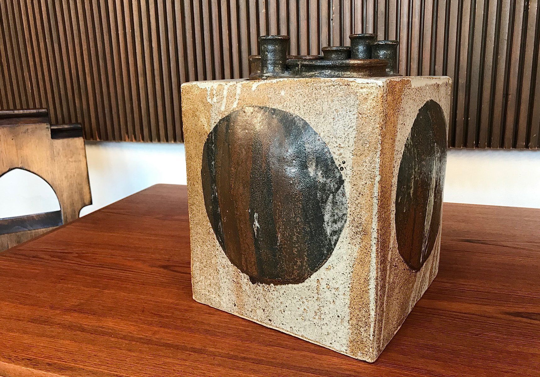 Brutalist ceramic art cube vase by Annette Merkenthaler, Germany 1960s