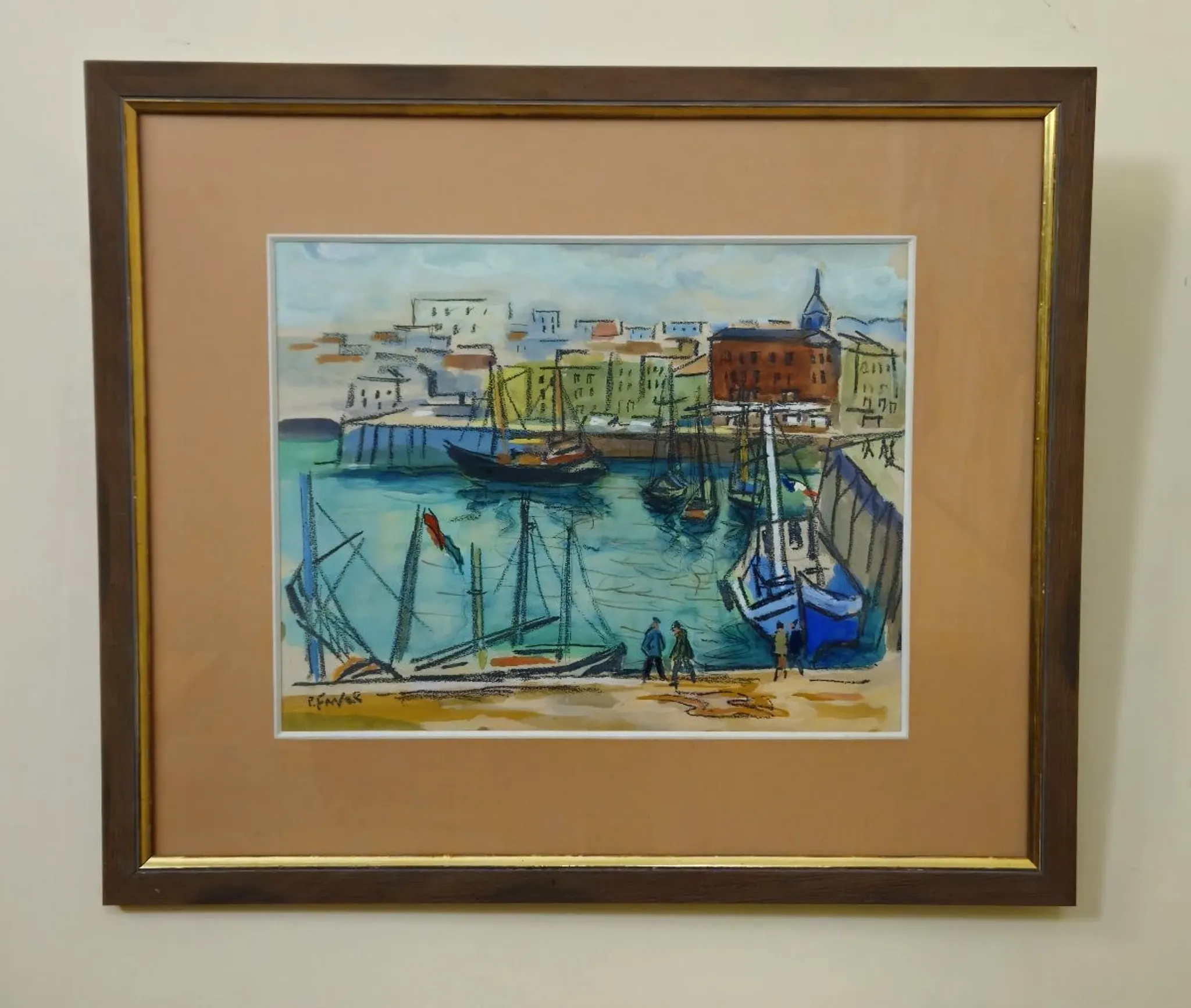 Watercolour / mixed media – Busy port – Signed R. Favier – Framed