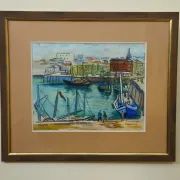 Watercolour / mixed media – Busy port – Signed R. Favier – Framed