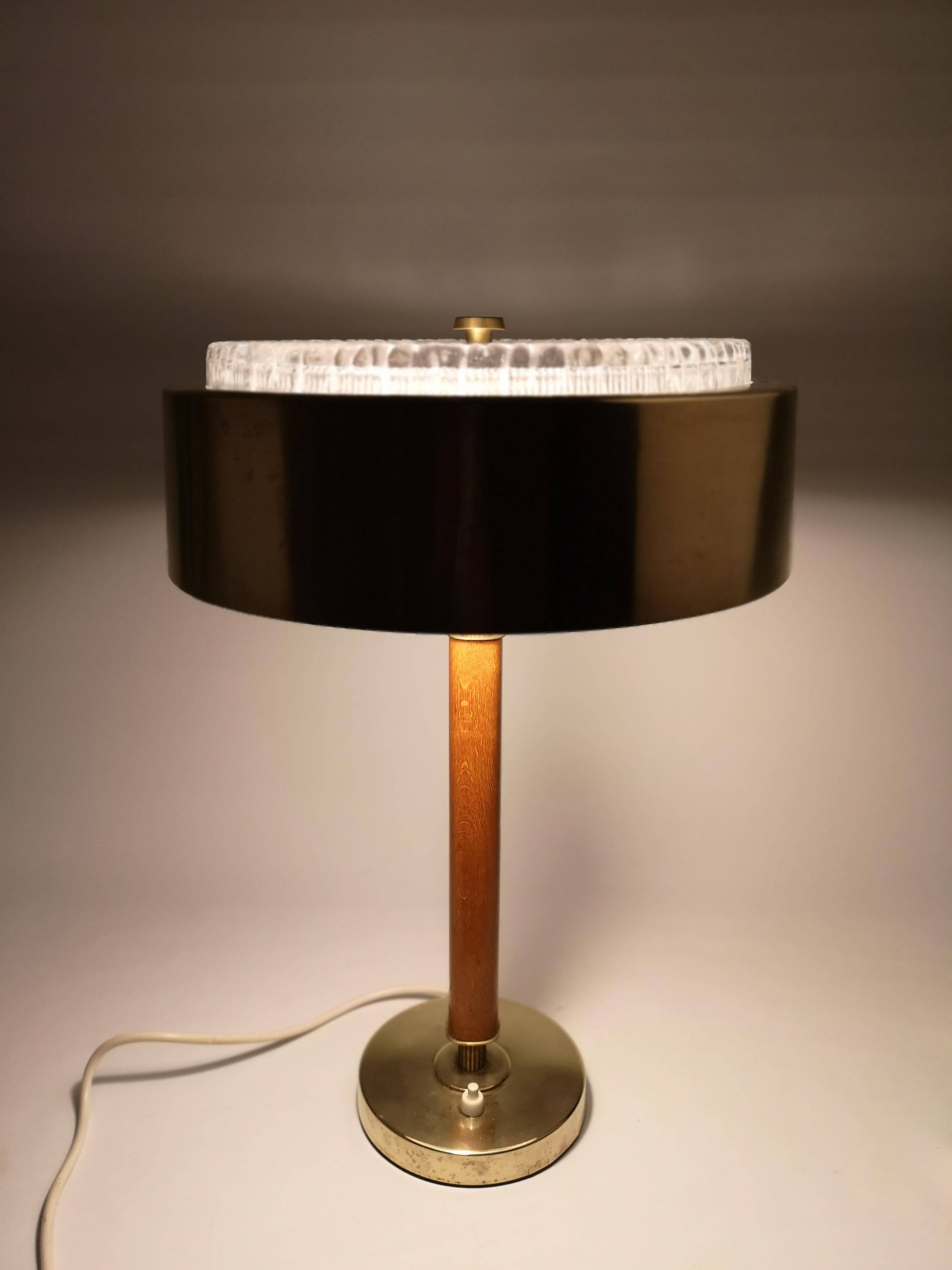 Mid-century Swedish table lamp in brass, crystal, and wood by Boréns.