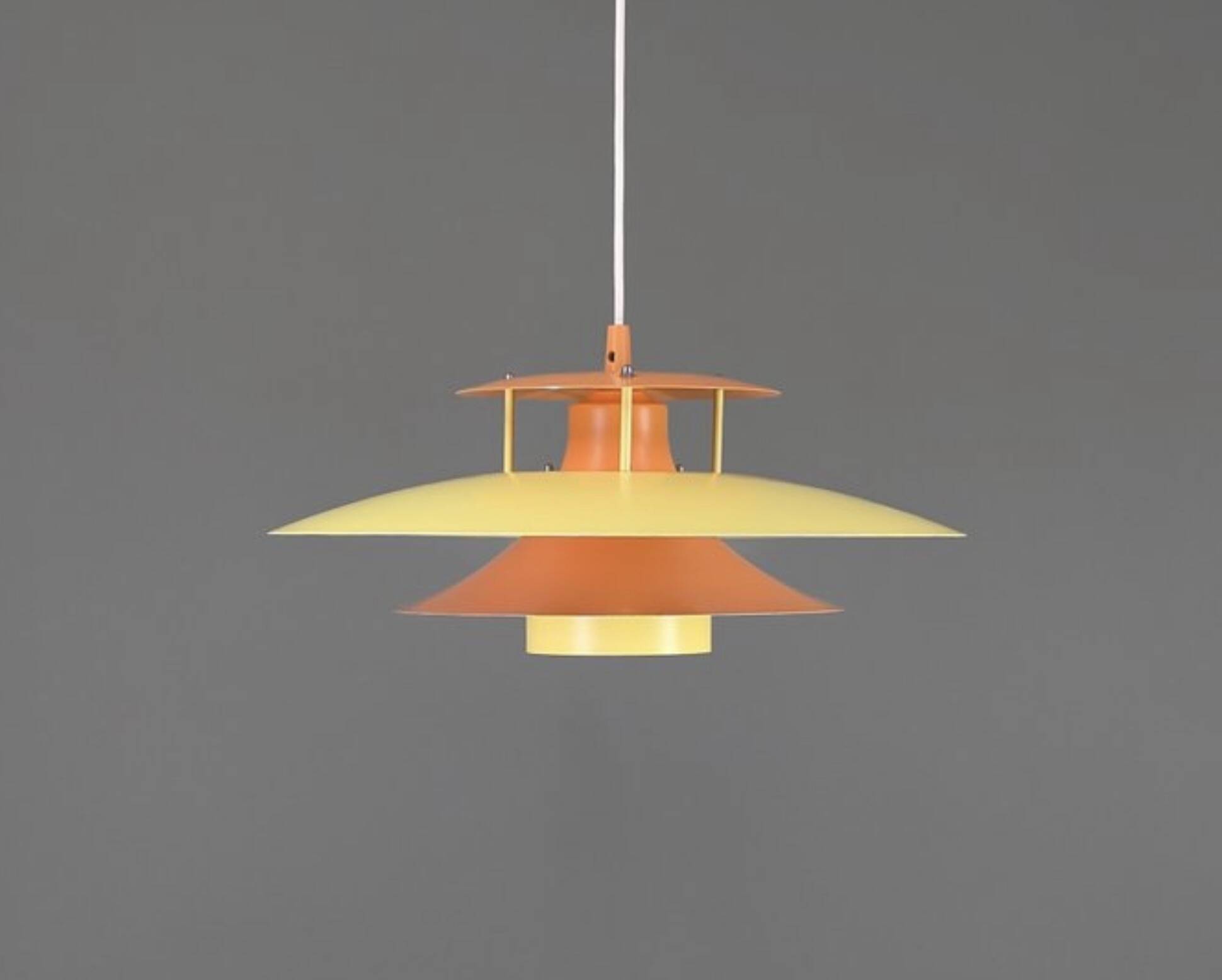 Vintage Danish metal pendant light in orange and yellow – 1970s