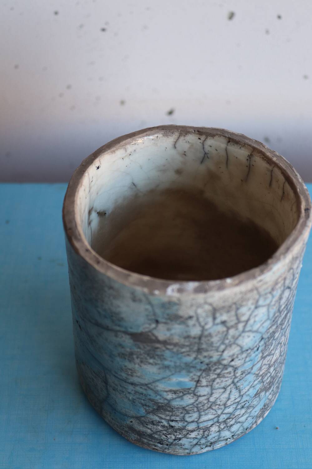 Blue raku ceramic cylindrical vase