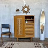 🌿 Vintage wood & cane wardrobe – Scandinavian style ✨