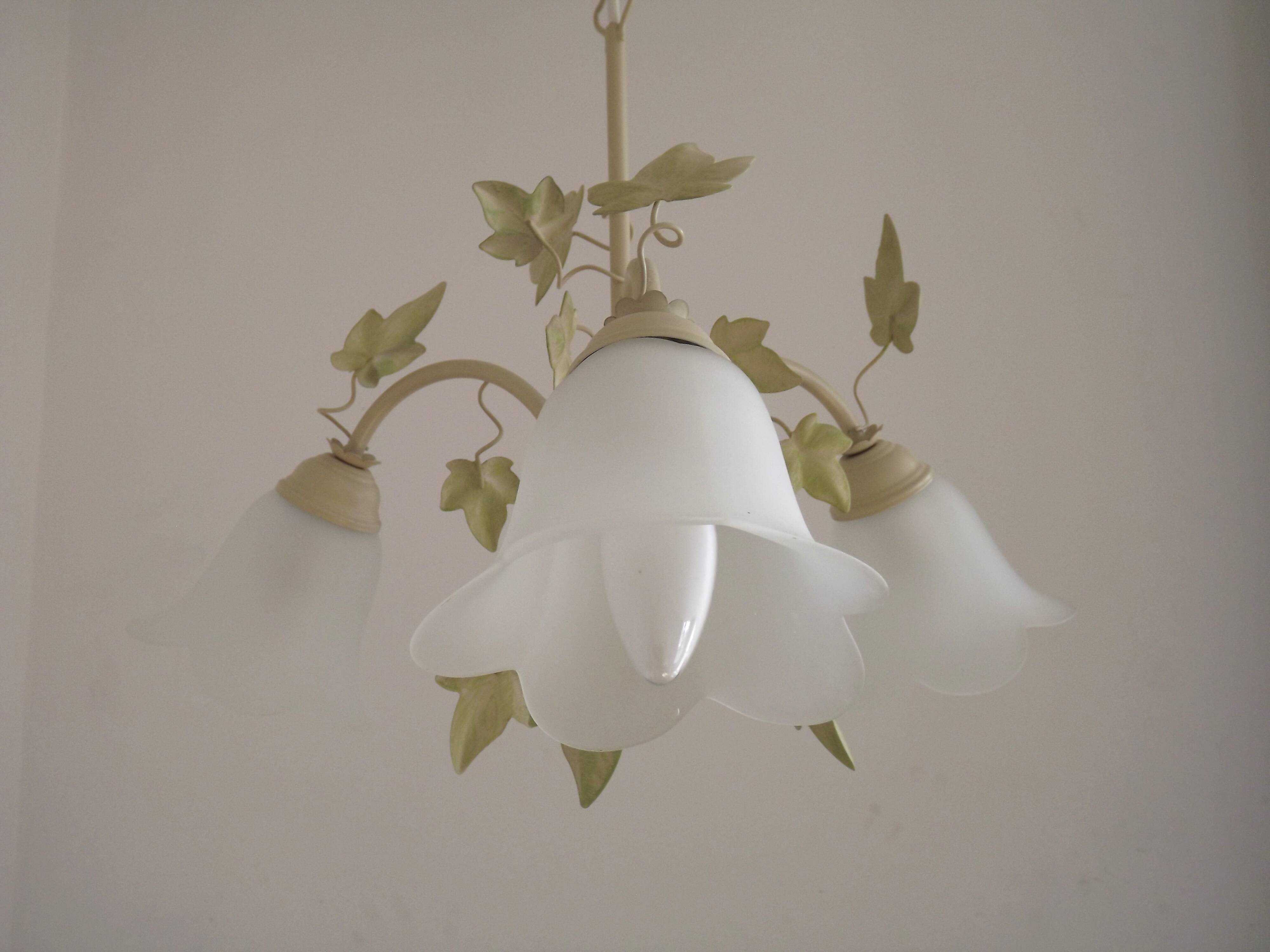 French Vintage 3 Light Green Ivy Chandelier with Opaque Glass Shades