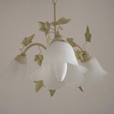 French Vintage 3 Light Green Ivy Chandelier with Opaque Glass Shades