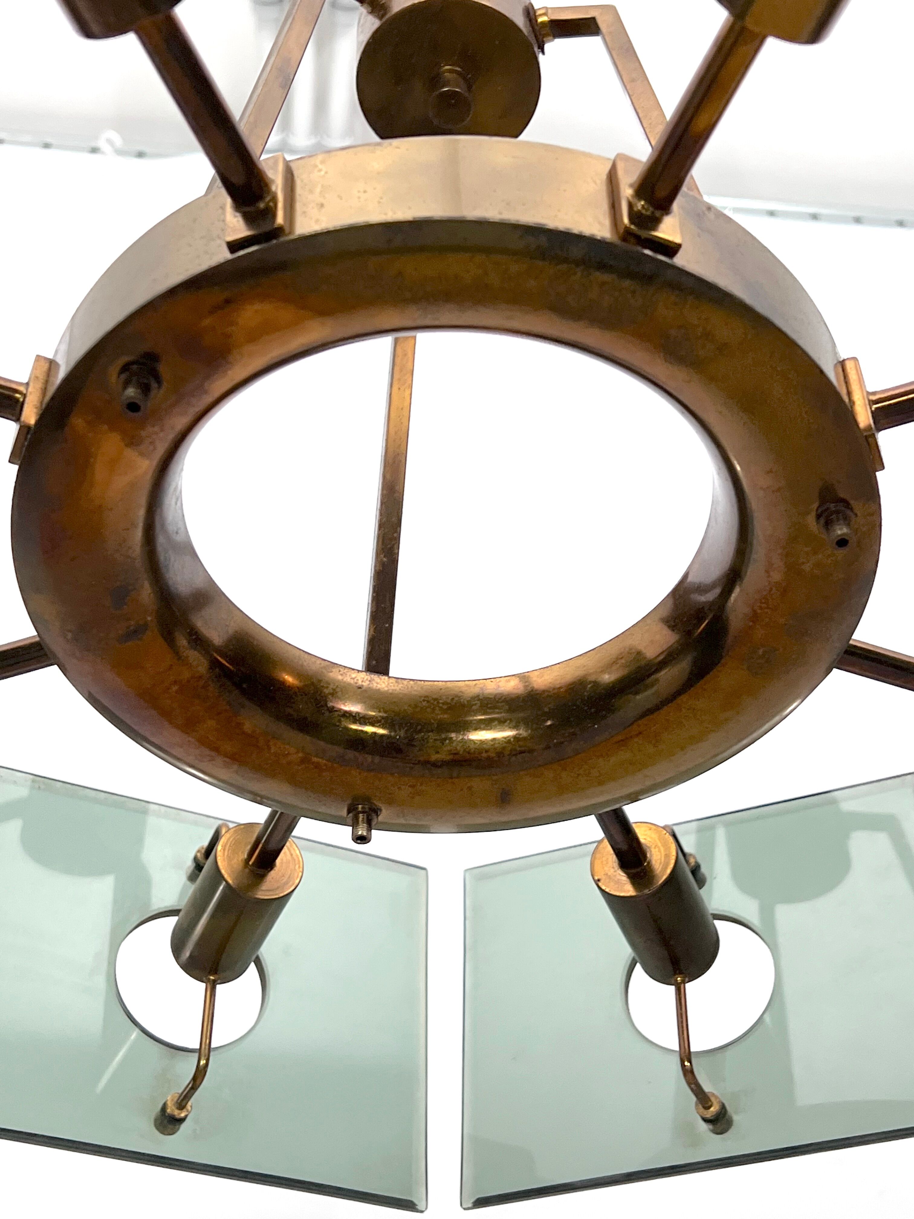 Gino Paroldo, modernist brass and smoked glass chandelier, Italy 1960s