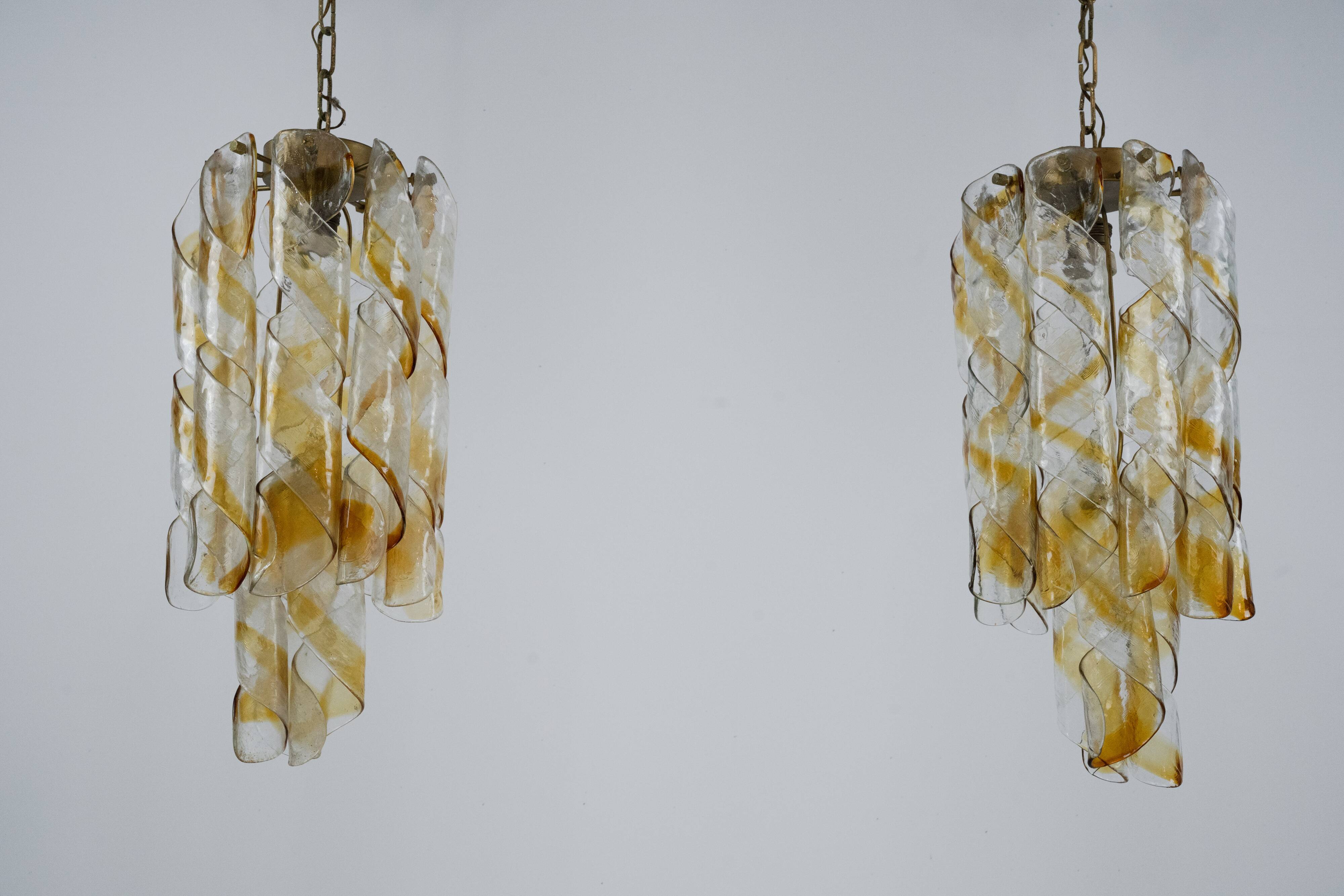 Pair of vintage Torciglione Murano glass chandelier by Mazzega. Italy 1970s