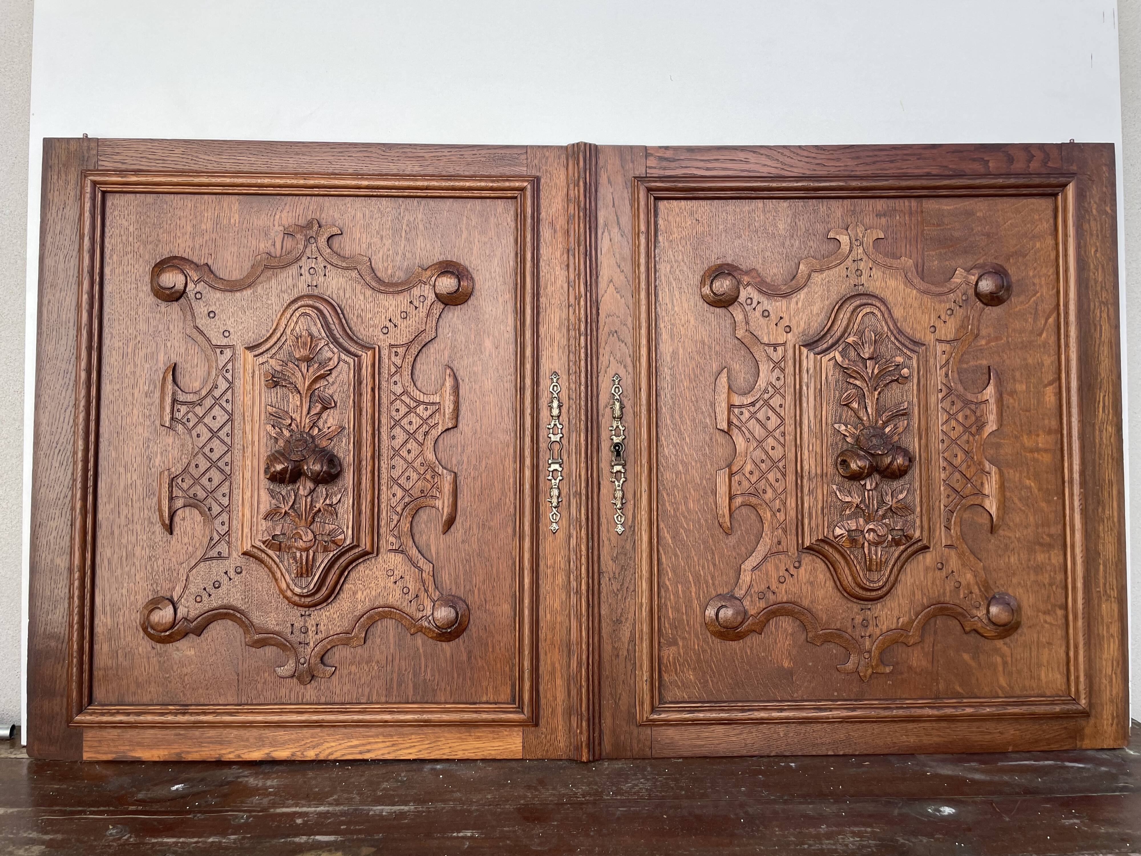 Pair of old carved wooden door panels Bas relief (oak)