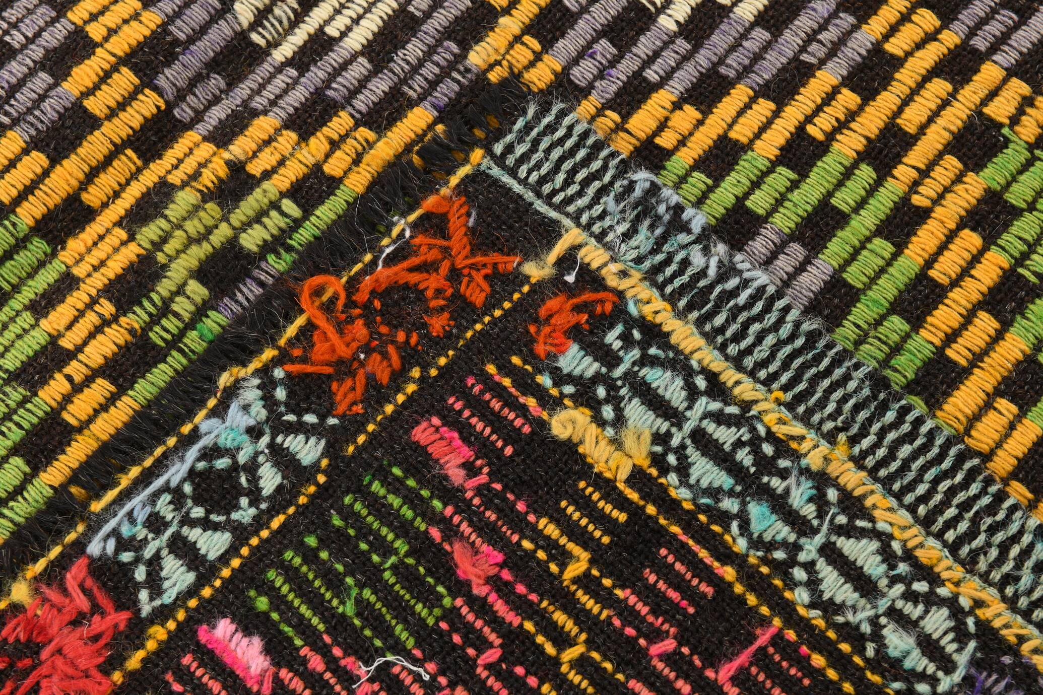 7x9 Yellow Green Handmade Wool Scandinavian Kilim Rug