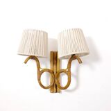 Applique en rotin à 2 feux et ses abat-jour corde, 1960-1970.