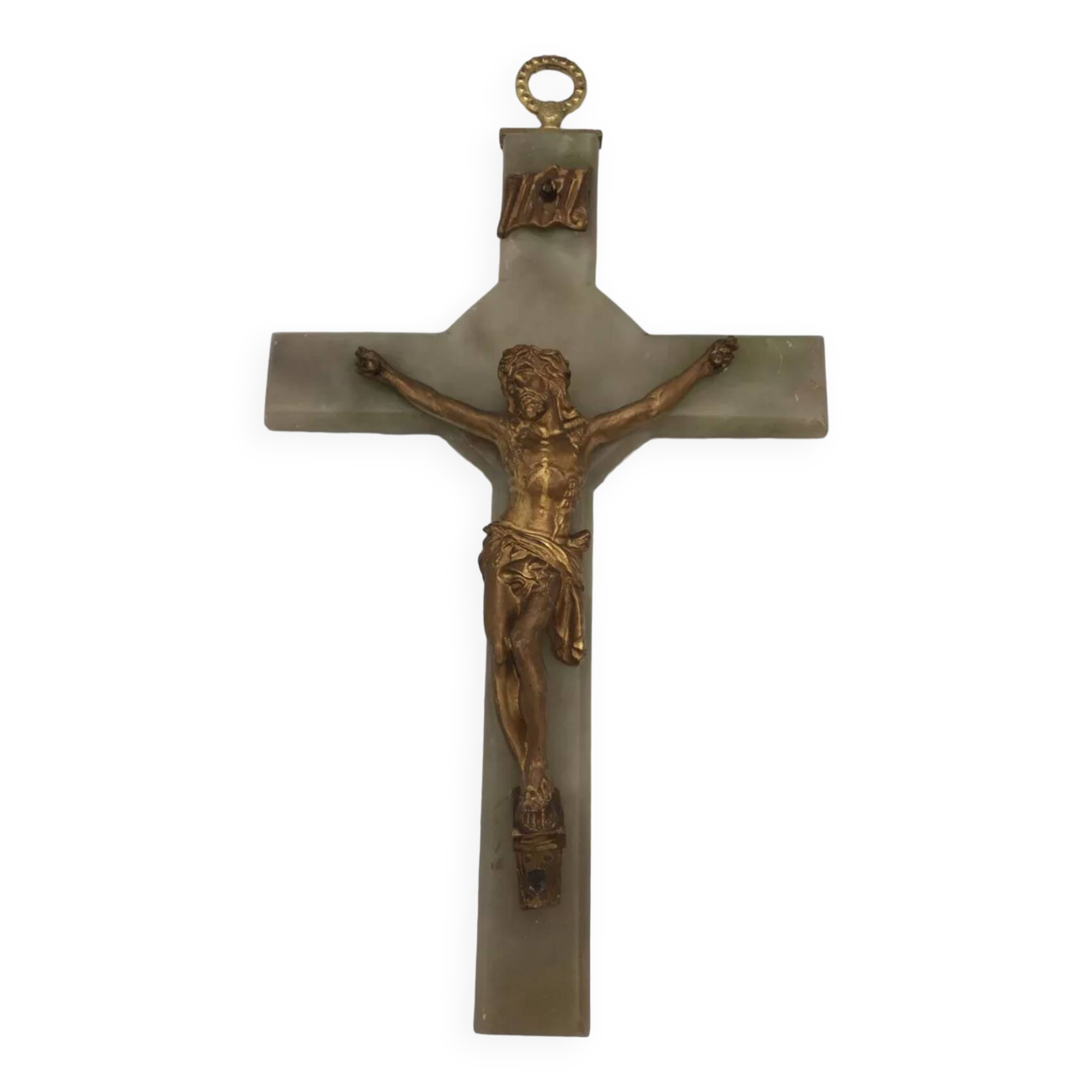 Vintage onyx stone wall crucifix and gold metal christ