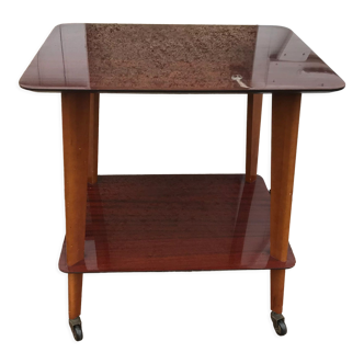 Varnished wood console, 1970 wheeled furniture, vintage