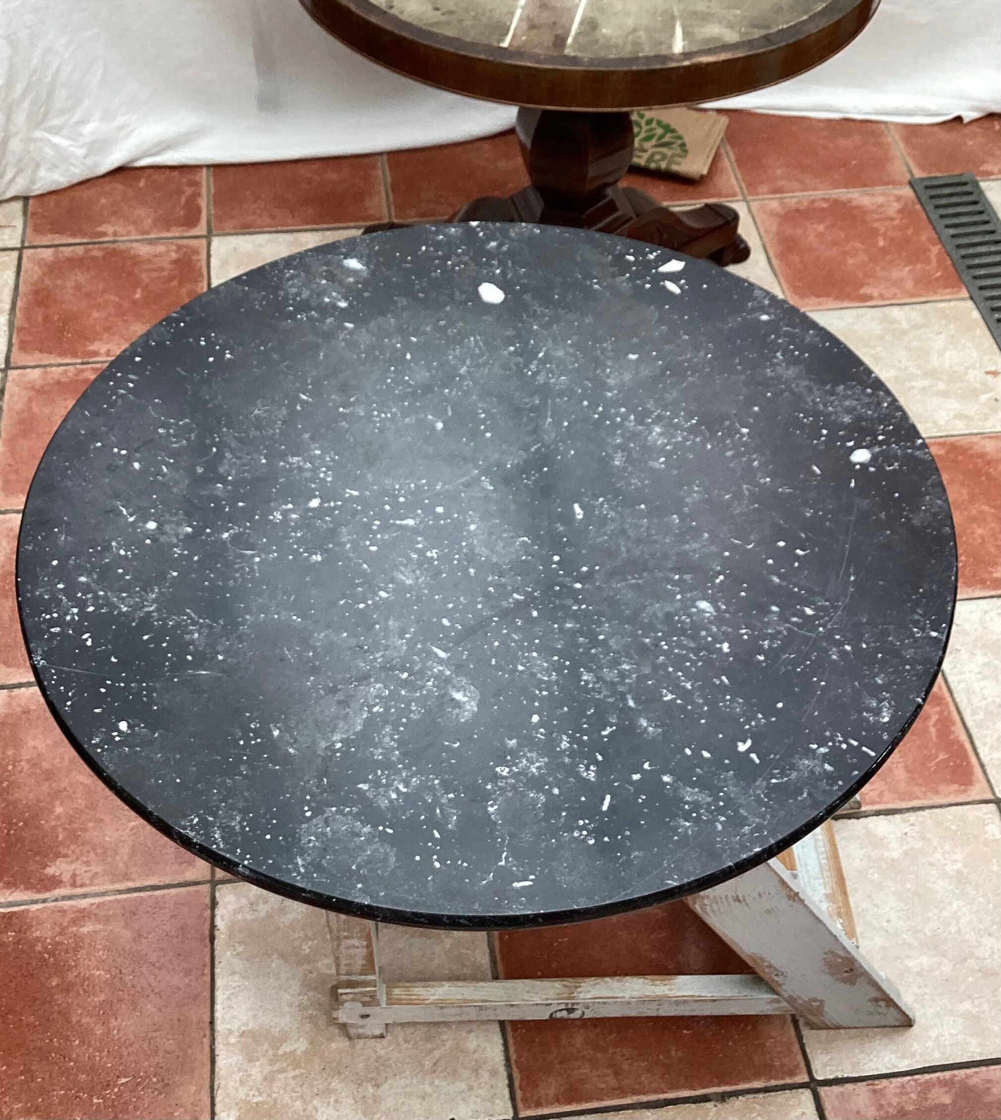 Old pedestal table in oak wood with marble
