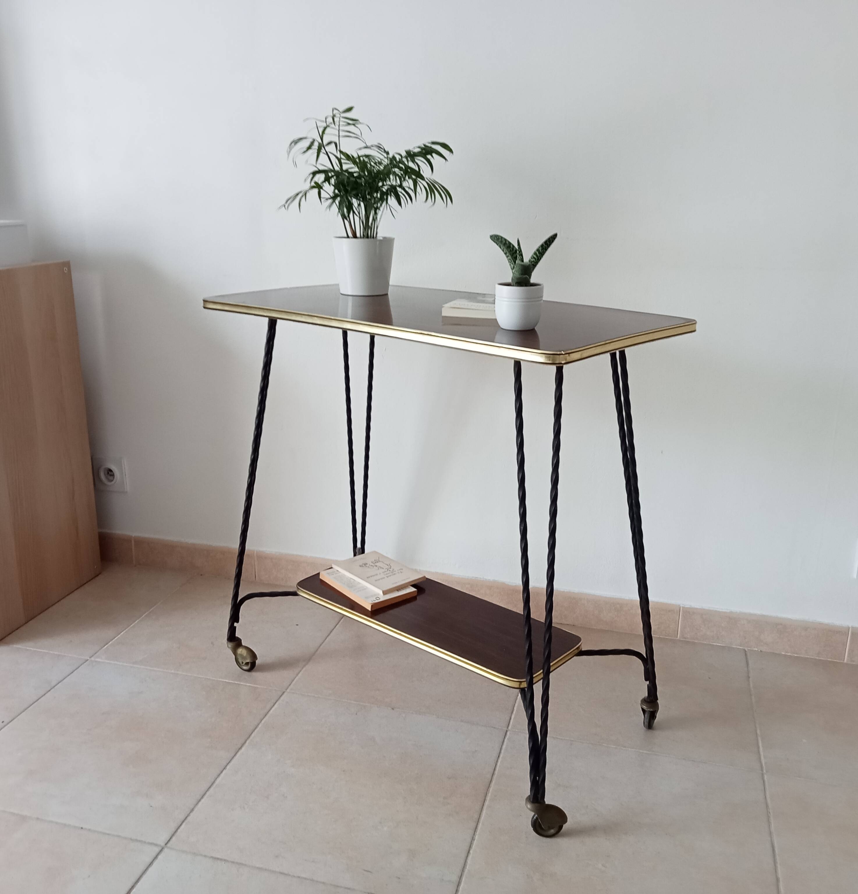 Vintage Formica and wrought iron rolling dessert trolley/side table.