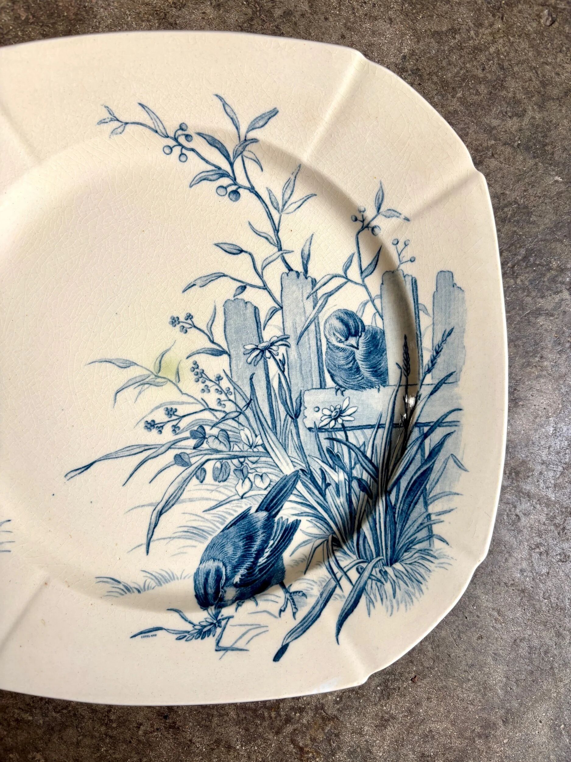 Blue ironstone plate from Gien, "Birds" service, circa 1870, no. 2.