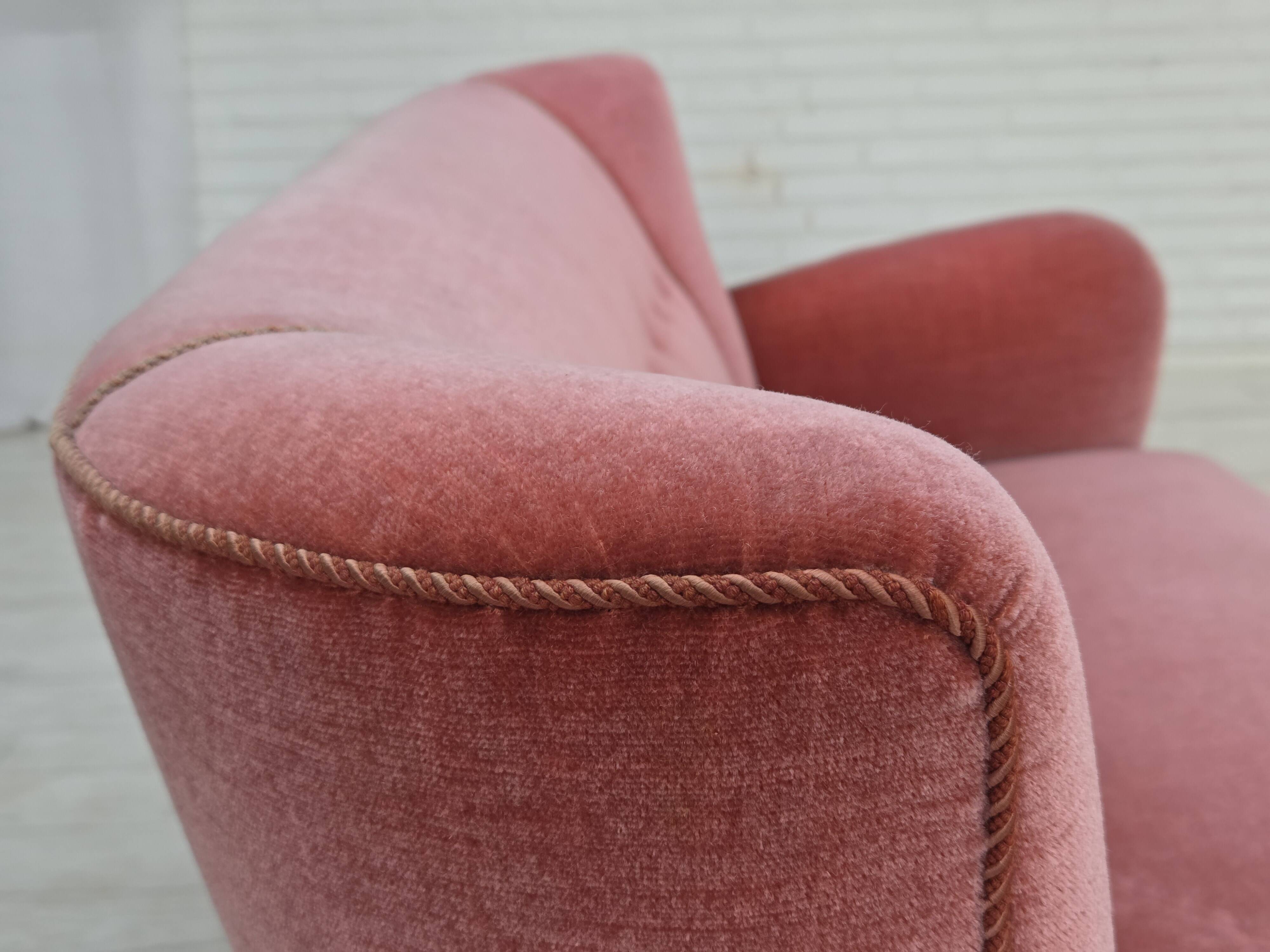 1970s, Danish 2-seater sofa, salmon pink furniture velour, oak wood.