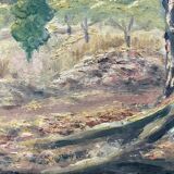 1920s french oil painting / panel. landscape. fields, trees and mountains