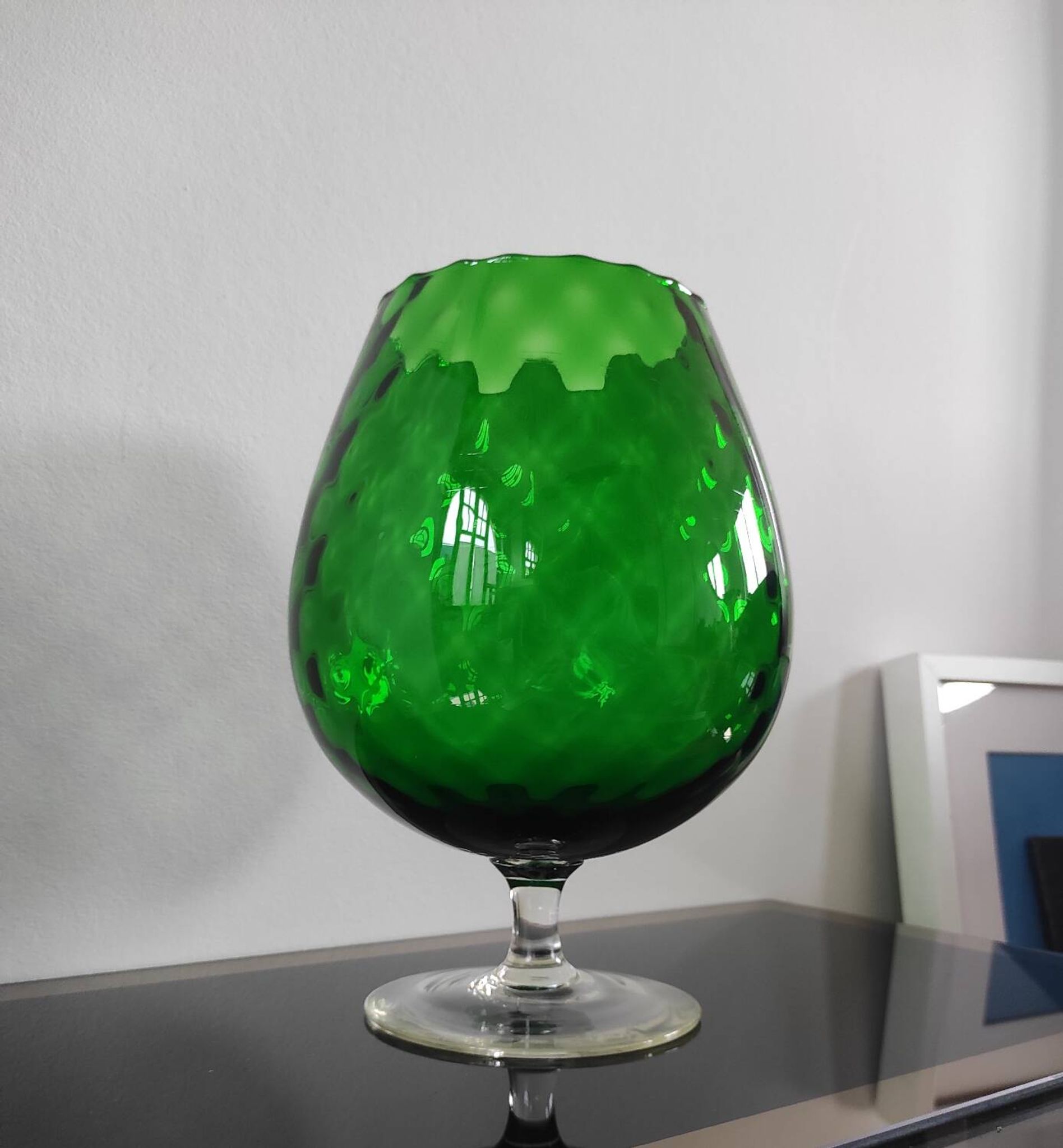 XXL vintage Cognac vase blown glass from Empoli, Italy in emerald green.
