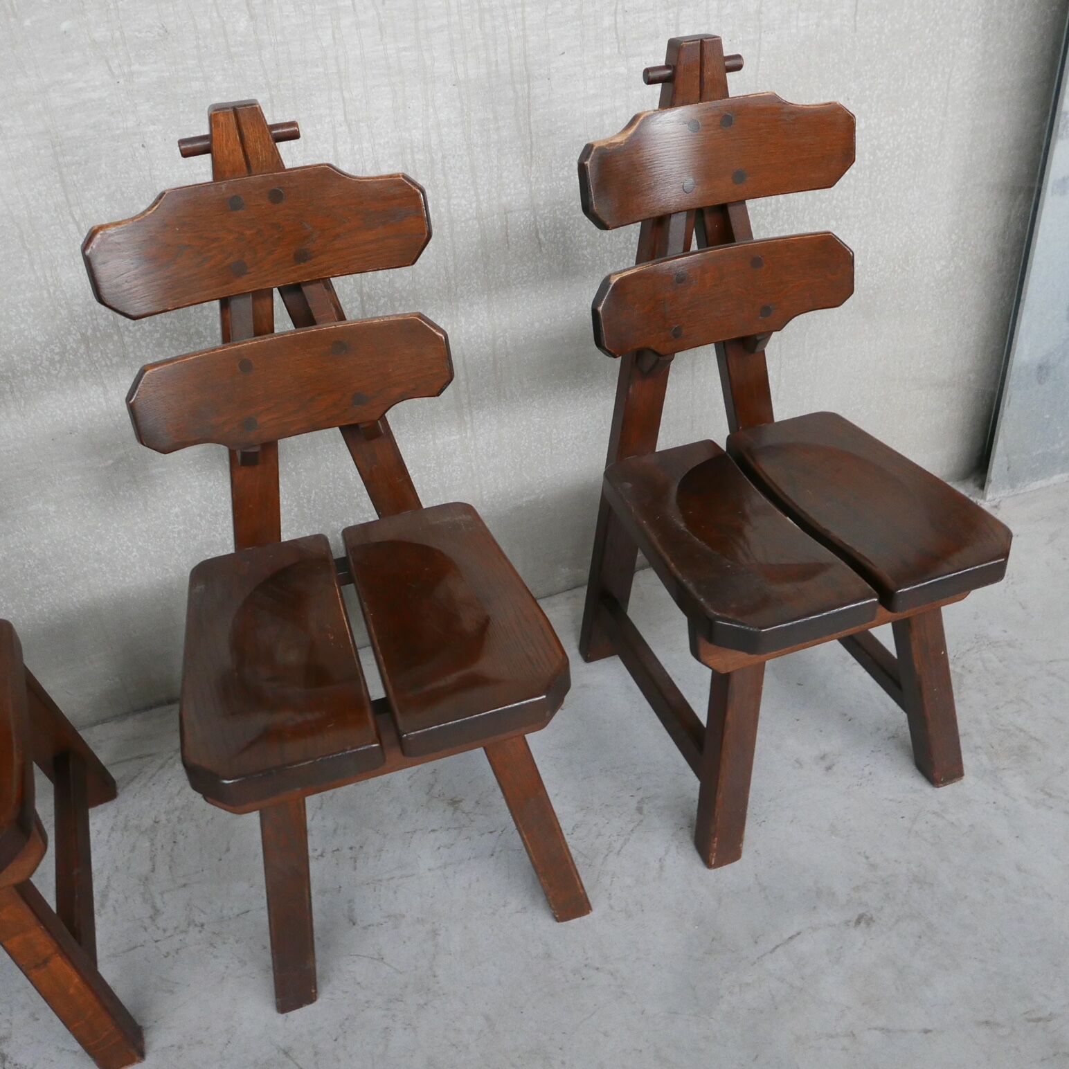 6 brutalist spanish oak dining chairs