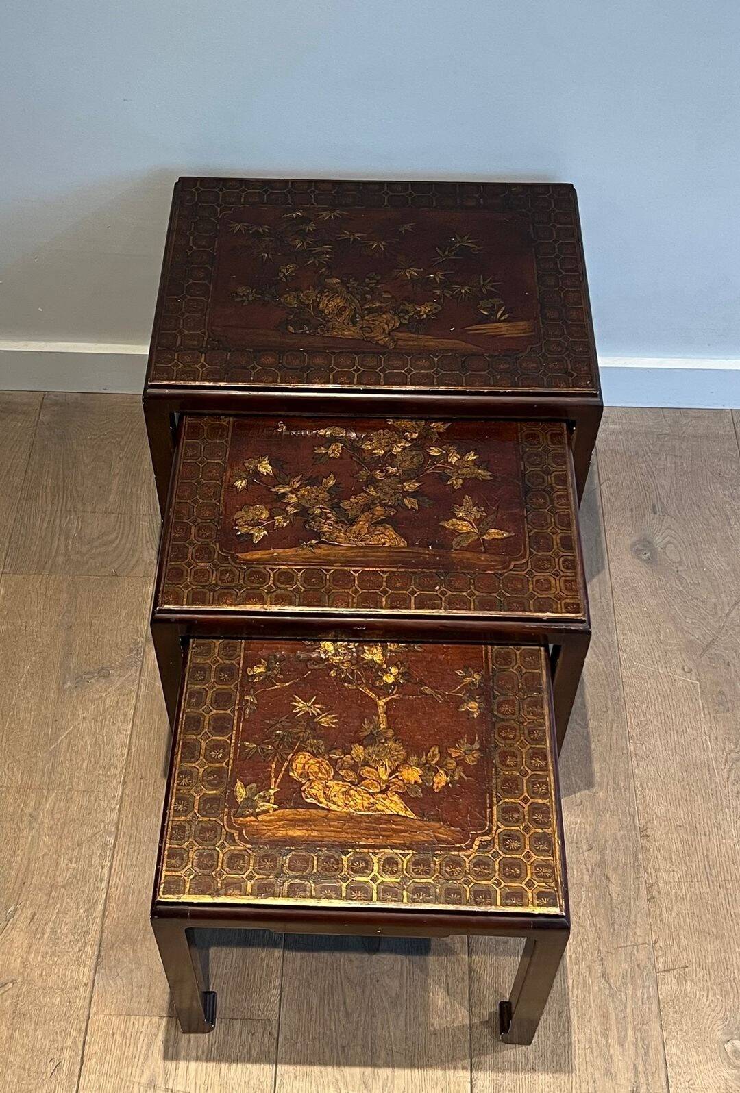 Set of Three Lacquered Nesting Tables with Chinese Decorations, France circa 19