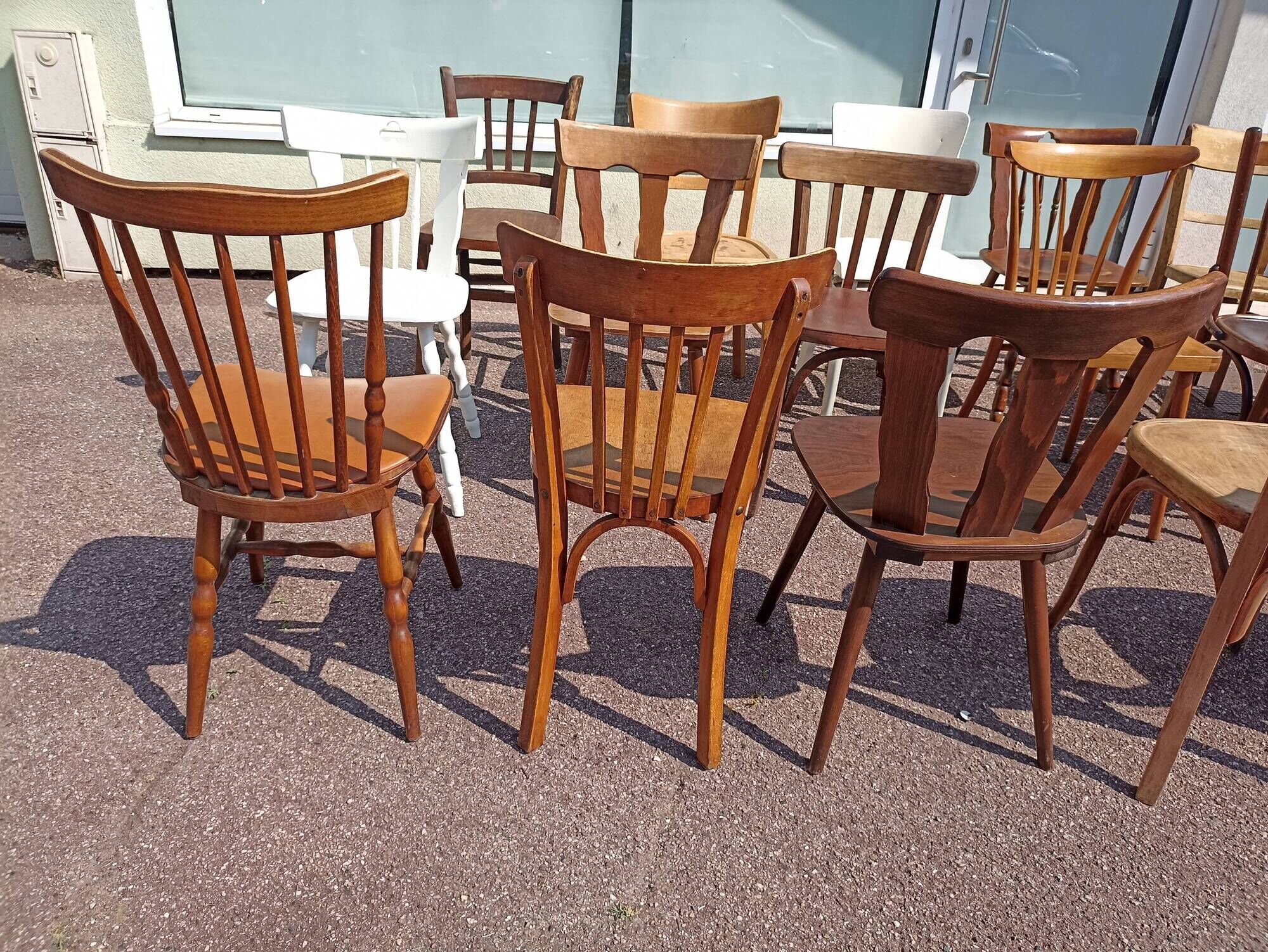 Set of 18 mismatched wooden bistro chairs - vintage