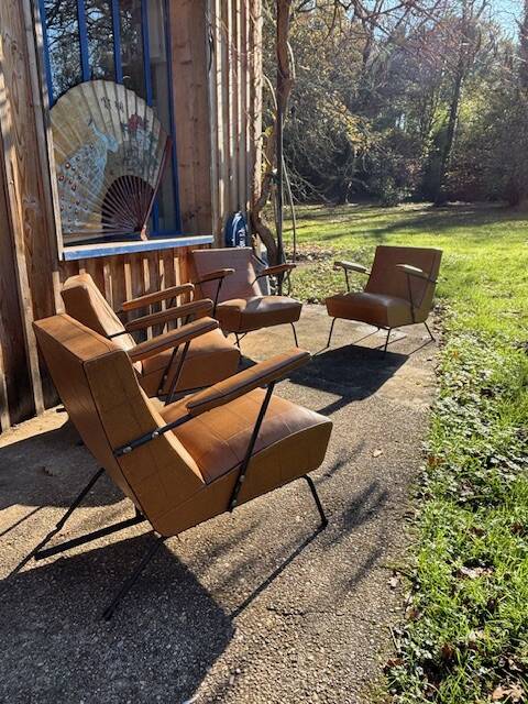 4 camel faux leather armchairs, 1950s