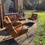 4 camel faux leather armchairs, 1950s