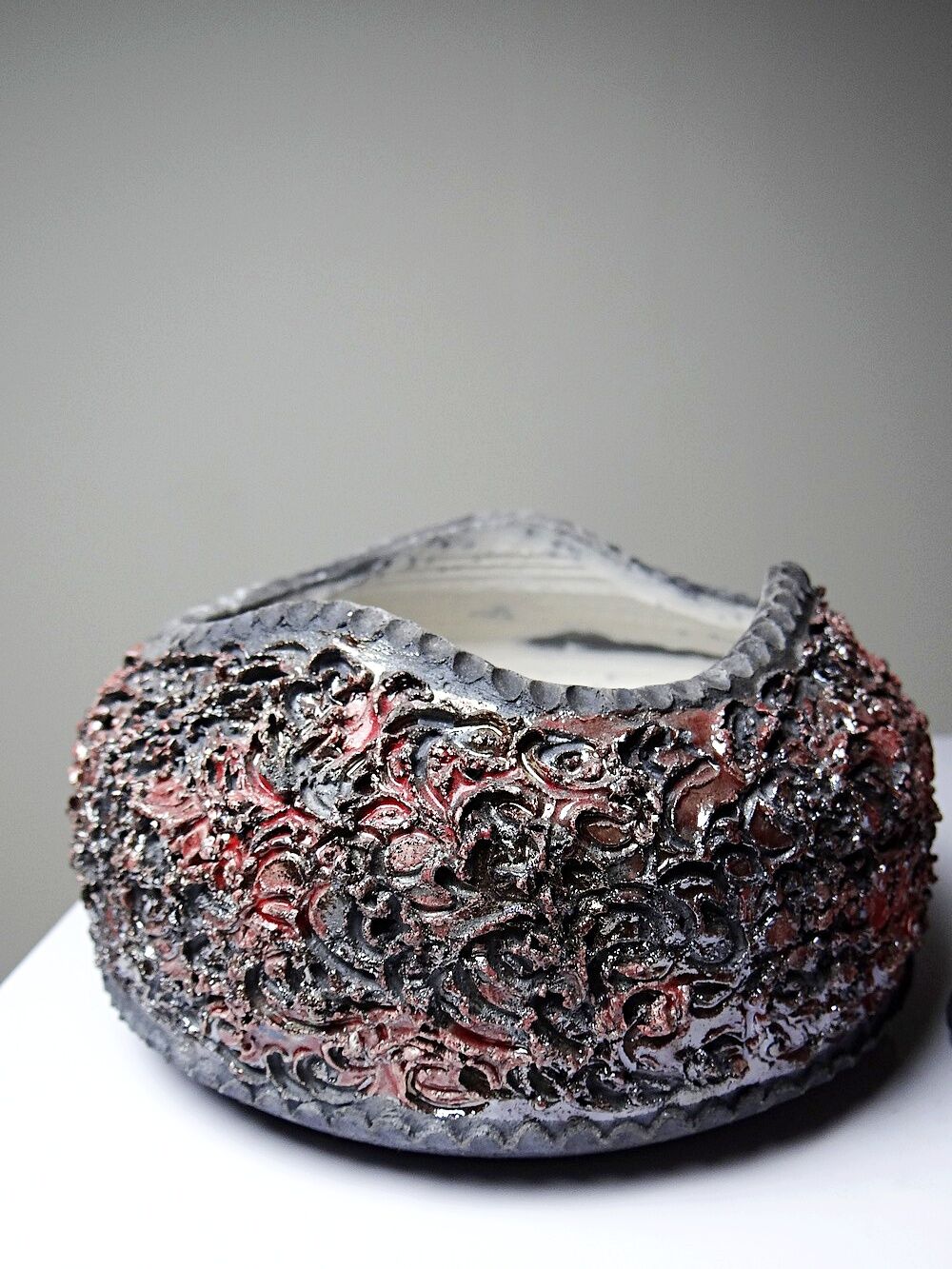 Vintage 2000s red and grey handmade raku jewellery box